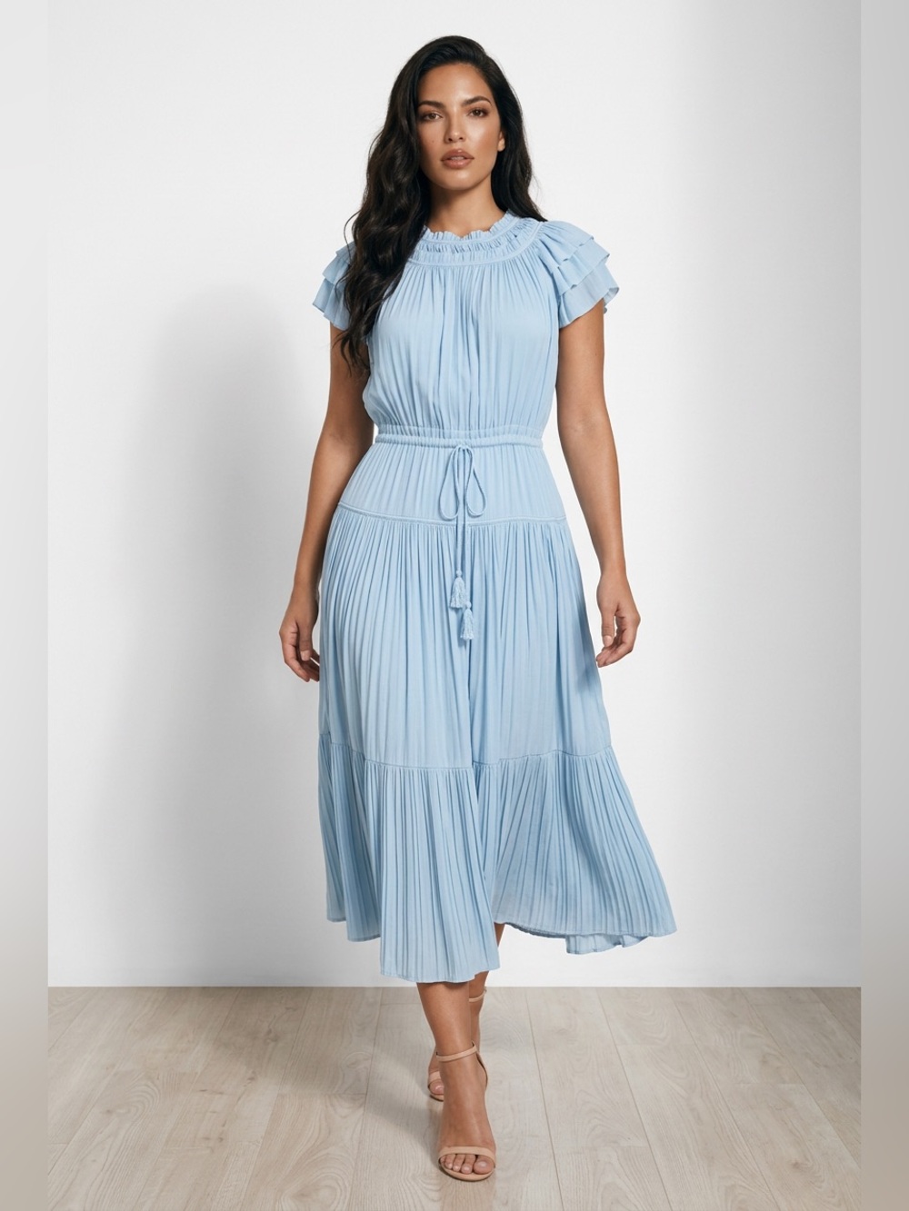 Elie Tahari Light Blue Pleated Short-Sleeve Maxi Dress  Size S